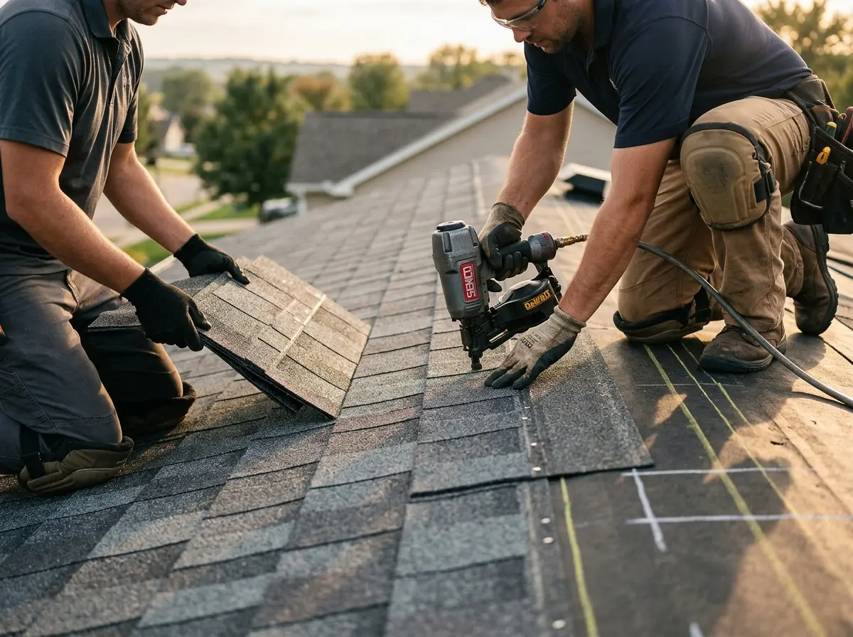 Professional roofer working on a residential roof in Everett